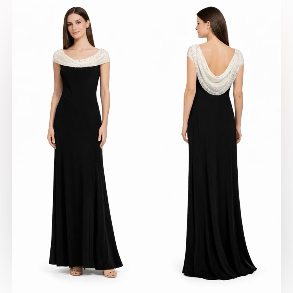 Cachet Evening Dress 12 Formal Black Cream Sequins Cruise Wedding Party Long NEW